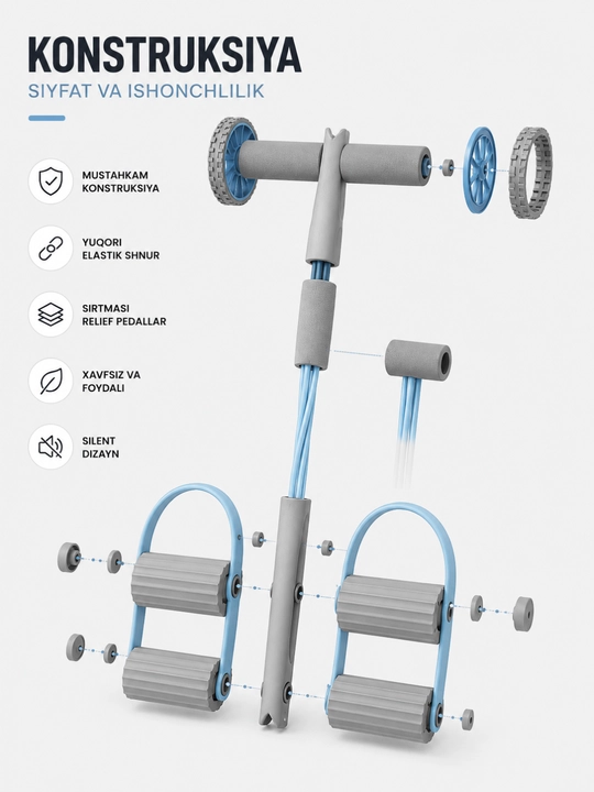 Uyda mashq qilish uchun press, qo‘l va oyoqlar uchun rezinkalar bilan fitnes trenajyori