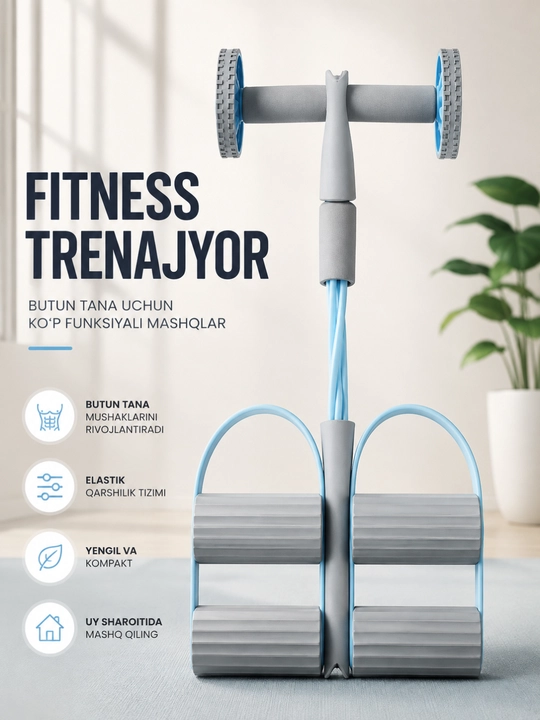 Uyda mashq qilish uchun press, qo‘l va oyoqlar uchun rezinkalar bilan fitnes trenajyori - 