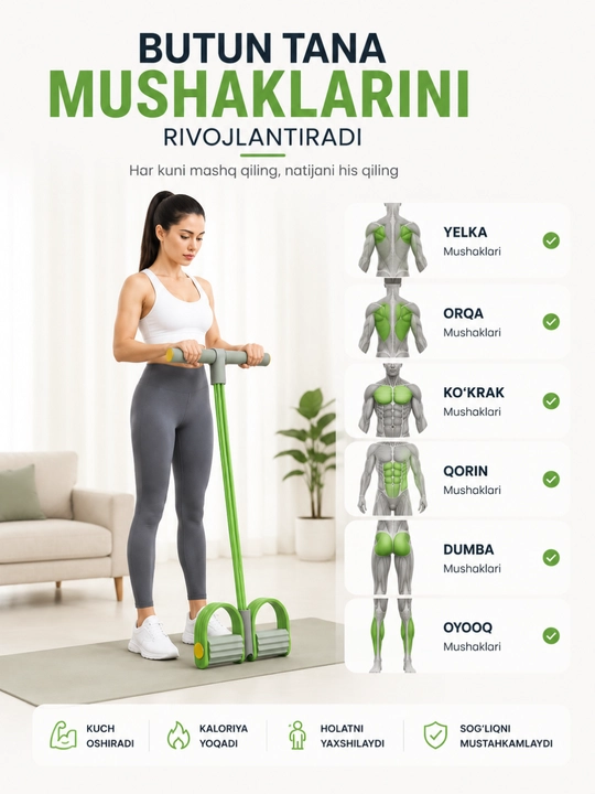 Uyda mashq qilish uchun press, qo‘l va oyoqlar uchun rezinkalar bilan fitnes trenajyori