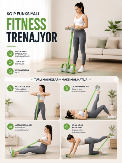 Uyda mashq qilish uchun press, qo‘l va oyoqlar uchun rezinkalar bilan fitnes trenajyori