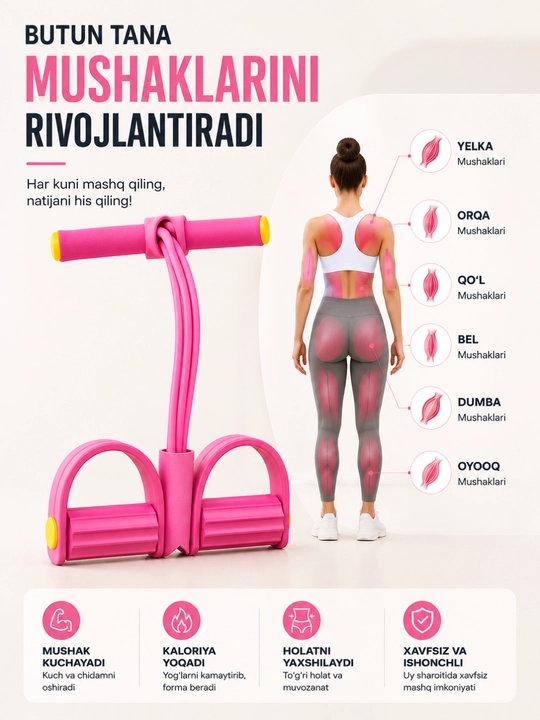 Uyda mashq qilish uchun press, qo‘l va oyoqlar uchun rezinkalar bilan fitnes trenajyori