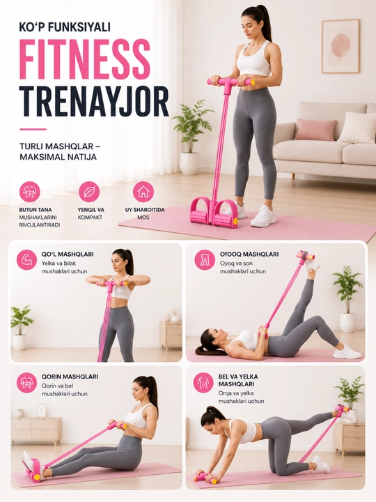Uyda mashq qilish uchun press, qo‘l va oyoqlar uchun rezinkalar bilan fitnes trenajyori