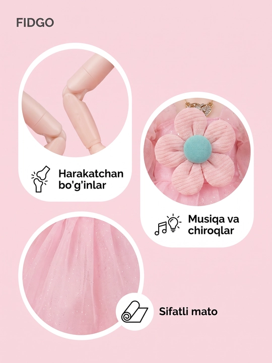 Musiqiy qo'g'irchoq qizlar uchun, chiroyli libosda, sovg'abop qutida, 30 sm