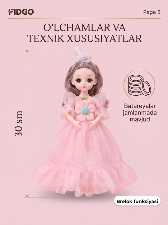Musiqiy qo'g'irchoq qizlar uchun, chiroyli libosda, sovg'abop qutida, 30 sm
