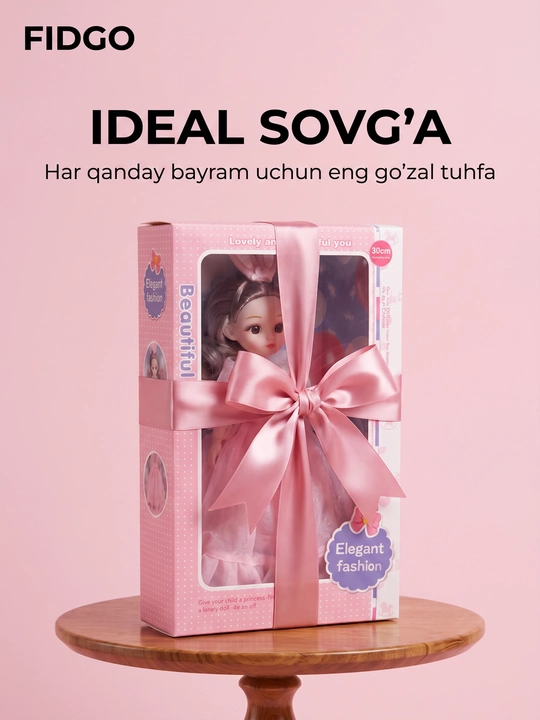 Musiqiy qo'g'irchoq qizlar uchun, chiroyli libosda, sovg'abop qutida, 30 sm