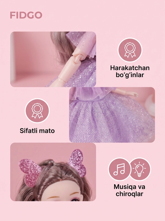 Musiqiy qo'g'irchoq qizlar uchun, chiroyli libosda, sovg'abop qutida, 30 sm