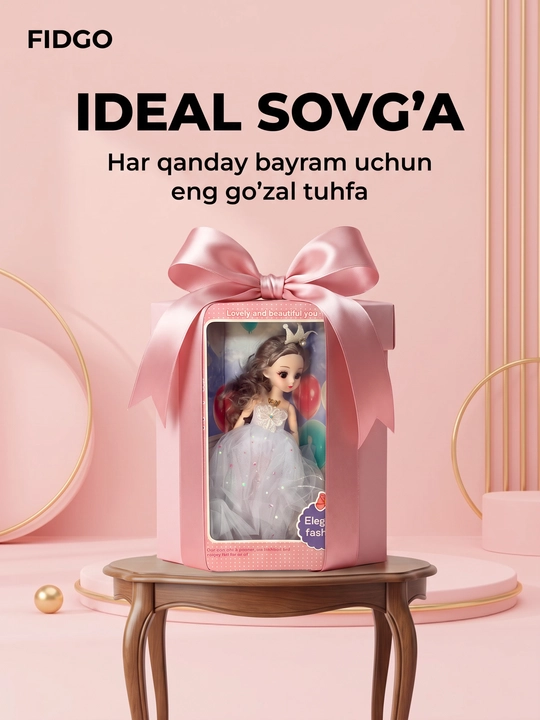 Musiqiy qo'g'irchoq qizlar uchun, chiroyli libosda, sovg'abop qutida, 30 sm
