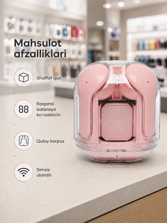 Simsiz TWS quloqchin, shaffof zaryad qutisi va raqamli indikator bilan