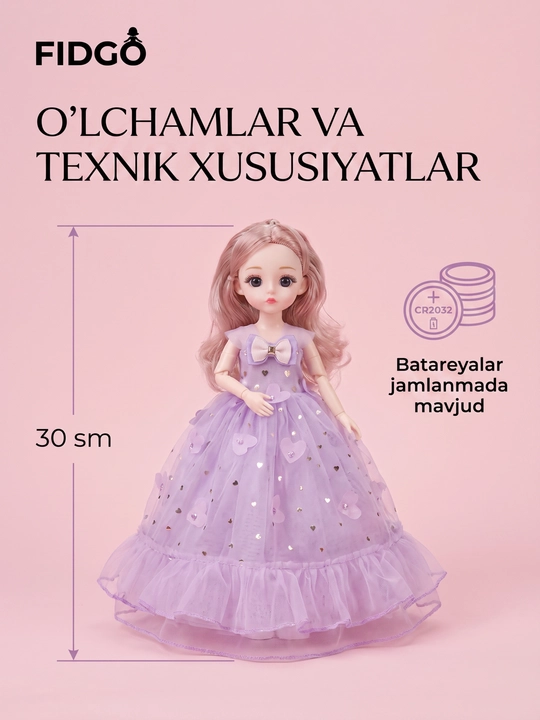 Musiqiy qo'g'irchoq qizlar uchun, chiroyli libosda, sovg'abop qutida, 30 sm