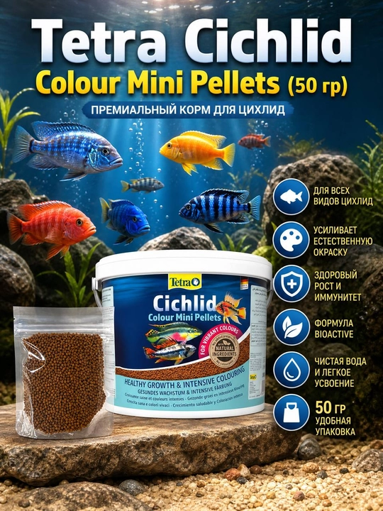 Корм для рыбы цихлид Tetra Cichlid Colour Mini, 50 г - 