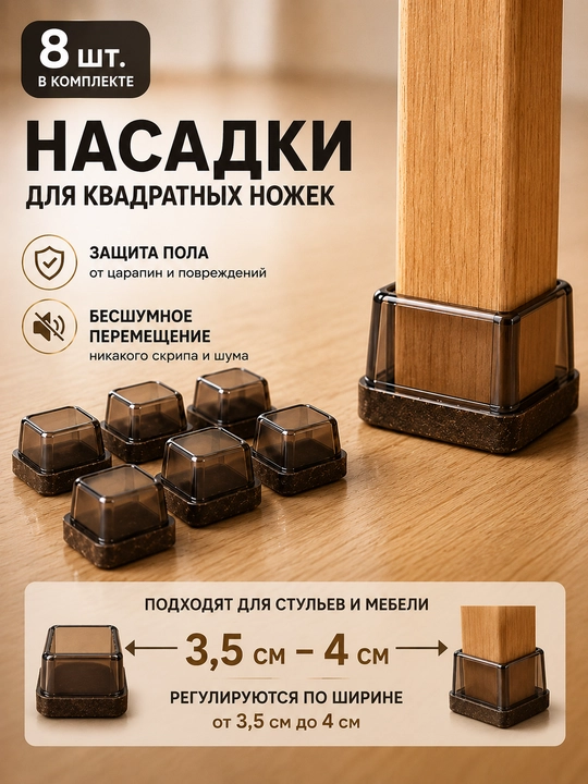 Защитные накладки для ножек стульев TPE с войлоком, антишумные, 8 шт - 
