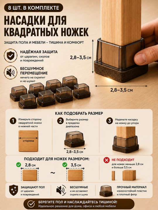 Защитные накладки для ножек стульев TPE с войлоком, антишумные, 8 шт