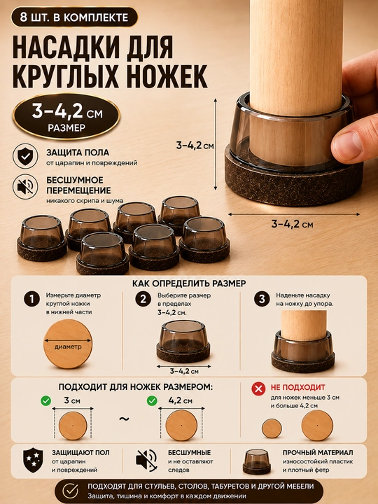 Защитные накладки для ножек стульев TPE с войлоком, антишумные, 8 шт