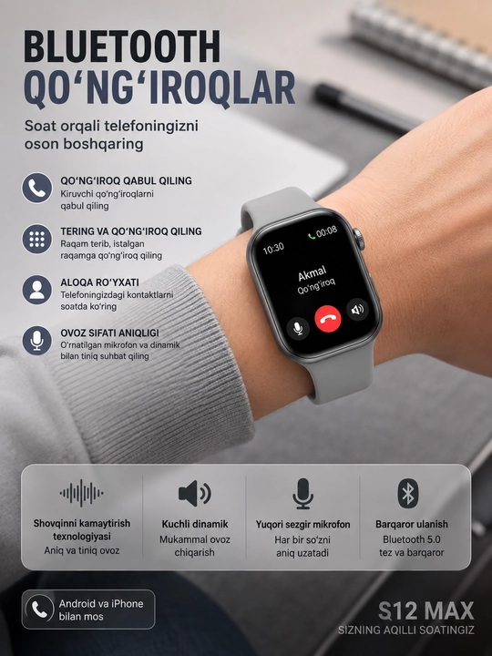 Smart soat S12 MAX, soatlar erkaklar uchun smart, smart soatlar qizlar uchun