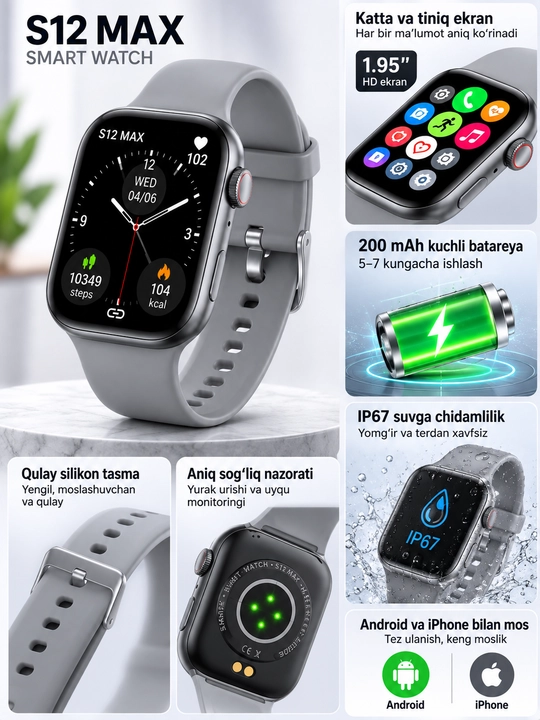 Smart soat S12 MAX, soatlar erkaklar uchun smart, smart soatlar qizlar uchun