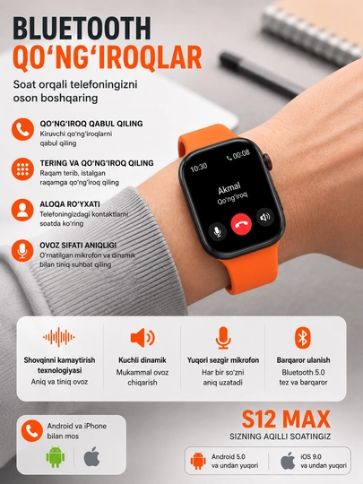 Smart soat S12 MAX, soatlar erkaklar uchun smart, smart soatlar qizlar uchun