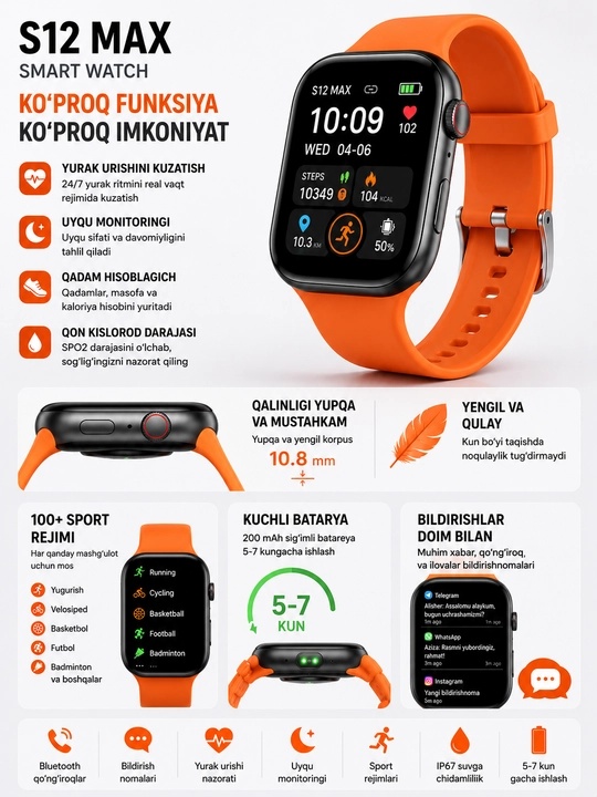 Smart soat S12 MAX, soatlar erkaklar uchun smart, smart soatlar qizlar uchun