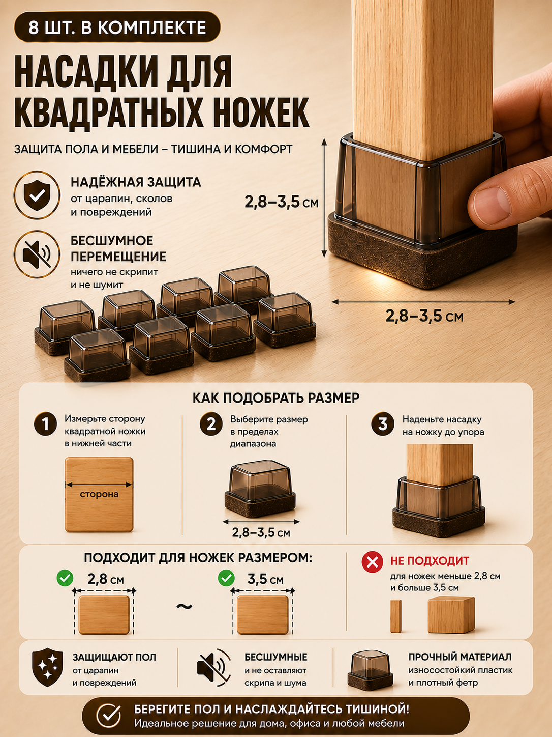 Защитные накладки для ножек стульев TPE с войлоком, антишумные, 8 шт