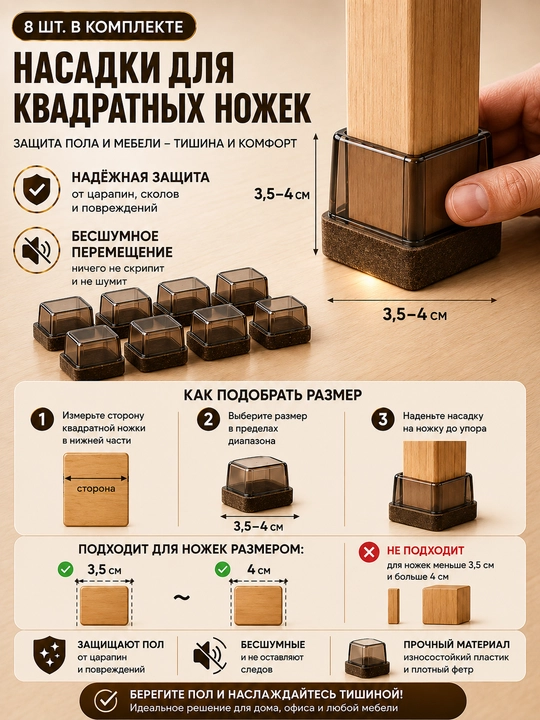 Защитные накладки для ножек стульев TPE с войлоком, антишумные, 8 шт