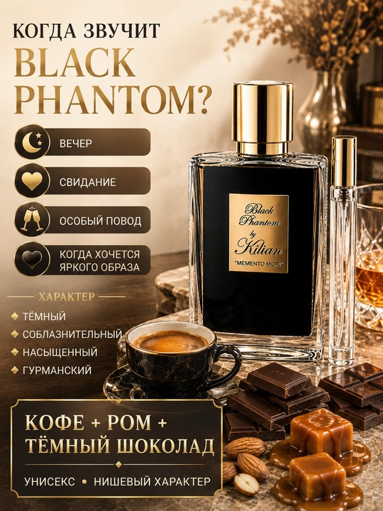 Духи Black Phantom унисекс, сладкий кофейный аромат, ванильный шлейф, 3-5-10-20-50 мл