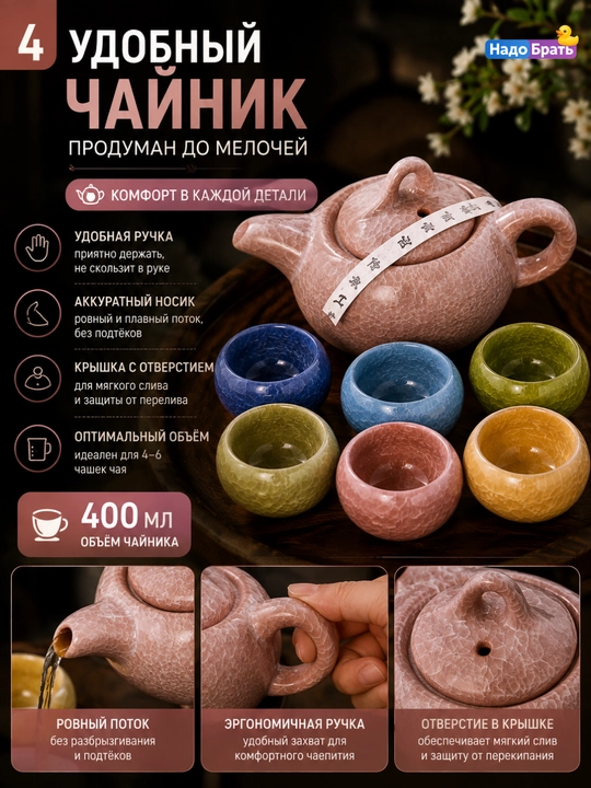 4/6 kishilik chinni choy to‘plami choynak va 4/6 piyola bilan birga