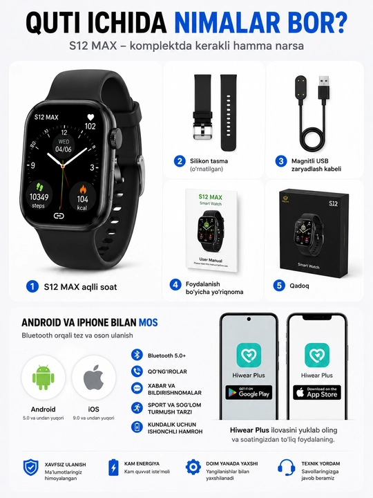 Smart soat S12 MAX, soatlar erkaklar uchun smart, smart soatlar qizlar uchun