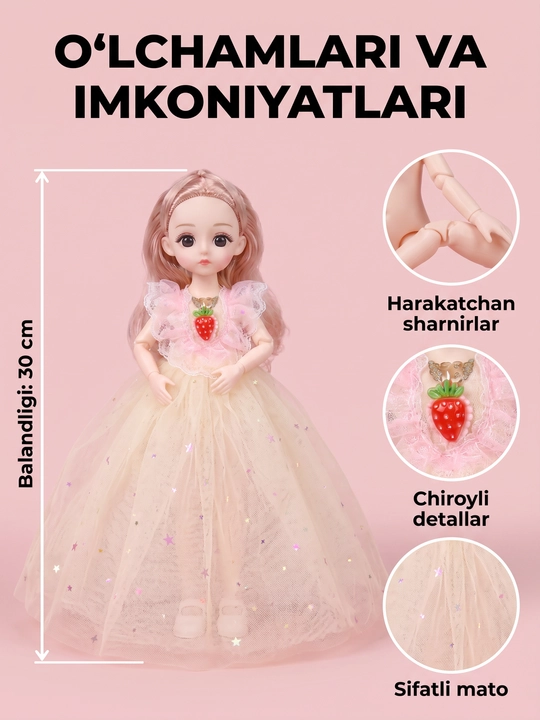 Musiqiy qo'g'irchoq qizlar uchun, chiroyli libosda, sovg'abop qutida, 30 sm