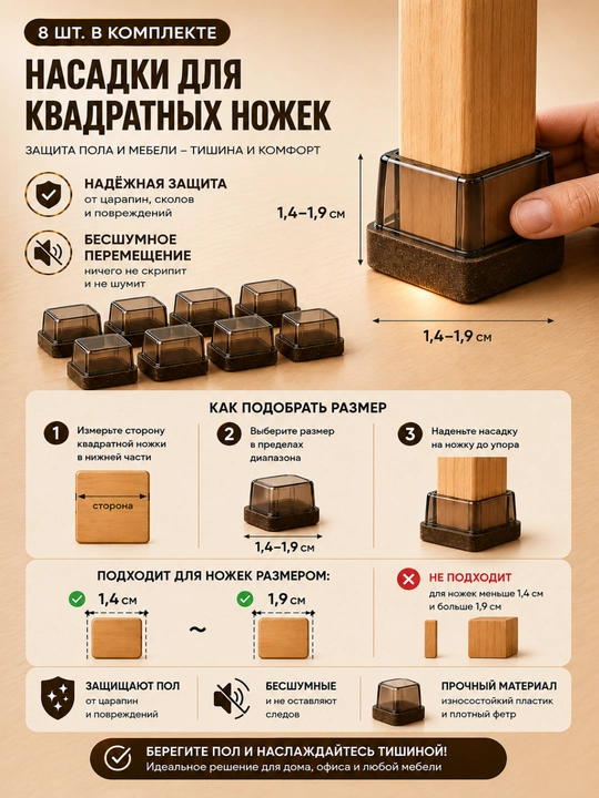 Защитные накладки для ножек стульев TPE с войлоком, антишумные, 8 шт