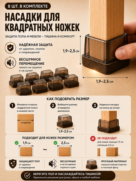 Защитные накладки для ножек стульев TPE с войлоком, антишумные, 8 шт