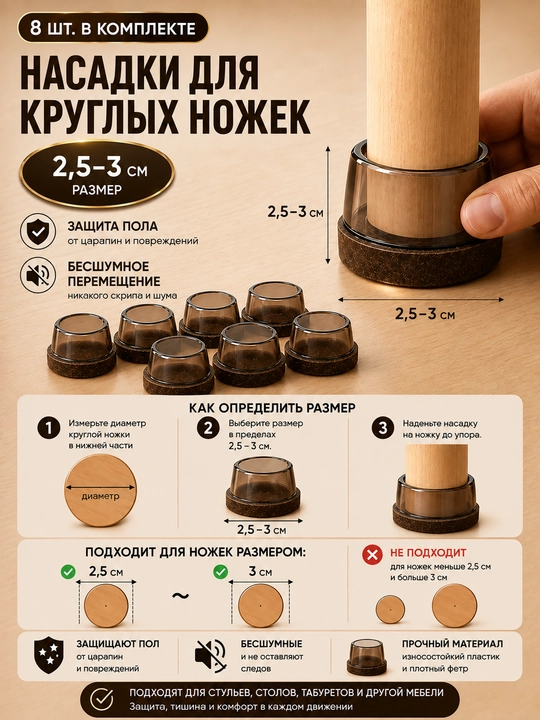 Защитные накладки для ножек стульев TPE с войлоком, антишумные, 8 шт