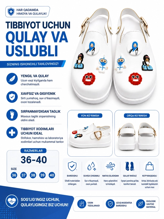 Ayollar uchun tibbiy etiklar, oq rangli, bezakli elementlar bilan, 36-40 o‘lchamlarda