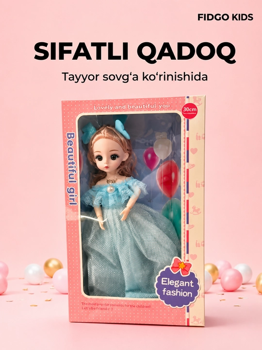 Musiqiy qo'g'irchoq qizlar uchun, chiroyli libosda, sovg'abop qutida, 30 sm