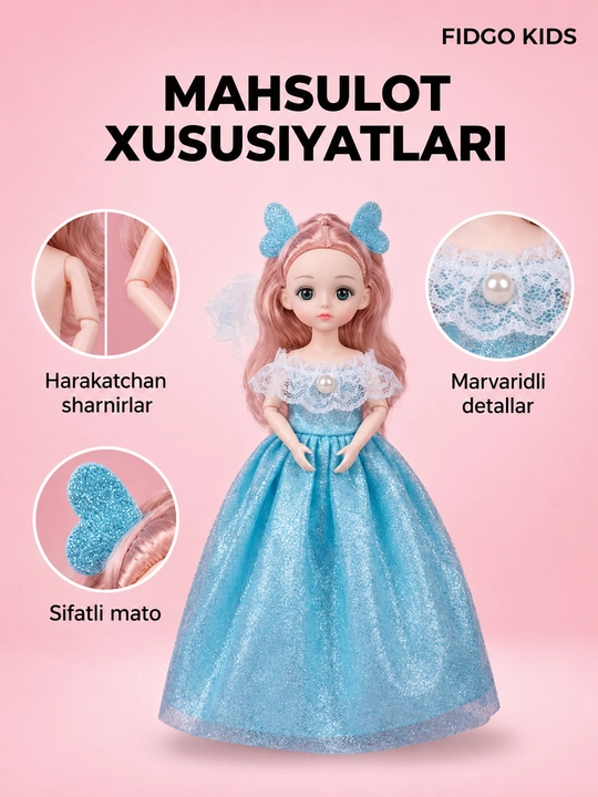 Musiqiy qo'g'irchoq qizlar uchun, chiroyli libosda, sovg'abop qutida, 30 sm