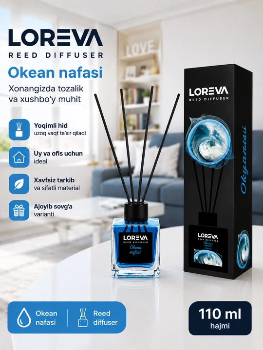 LOREVA Reed Diffuser 110 ml — tayoqchali xushbo‘y hid taratgich - 