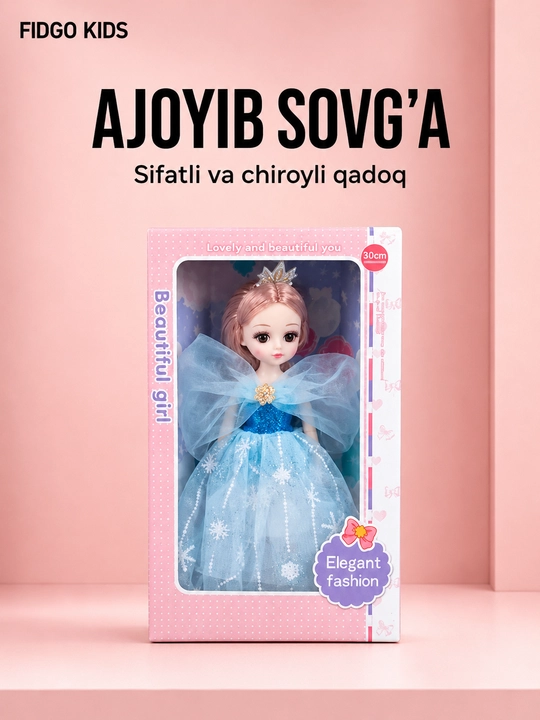 Musiqiy qo'g'irchoq qizlar uchun, chiroyli libosda, sovg'abop qutida, 30 sm