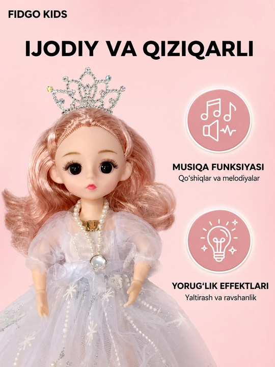 Musiqiy qo'g'irchoq qizlar uchun, chiroyli libosda, sovg'abop qutida, 30 sm