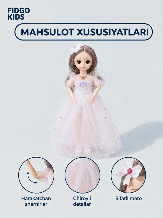 Musiqiy qo'g'irchoq qizlar uchun, chiroyli libosda, sovg'abop qutida, 30 sm