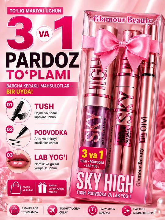 Glamour Beauty SKYHIGH 3 tasi 1 da makiyaj to‘plami