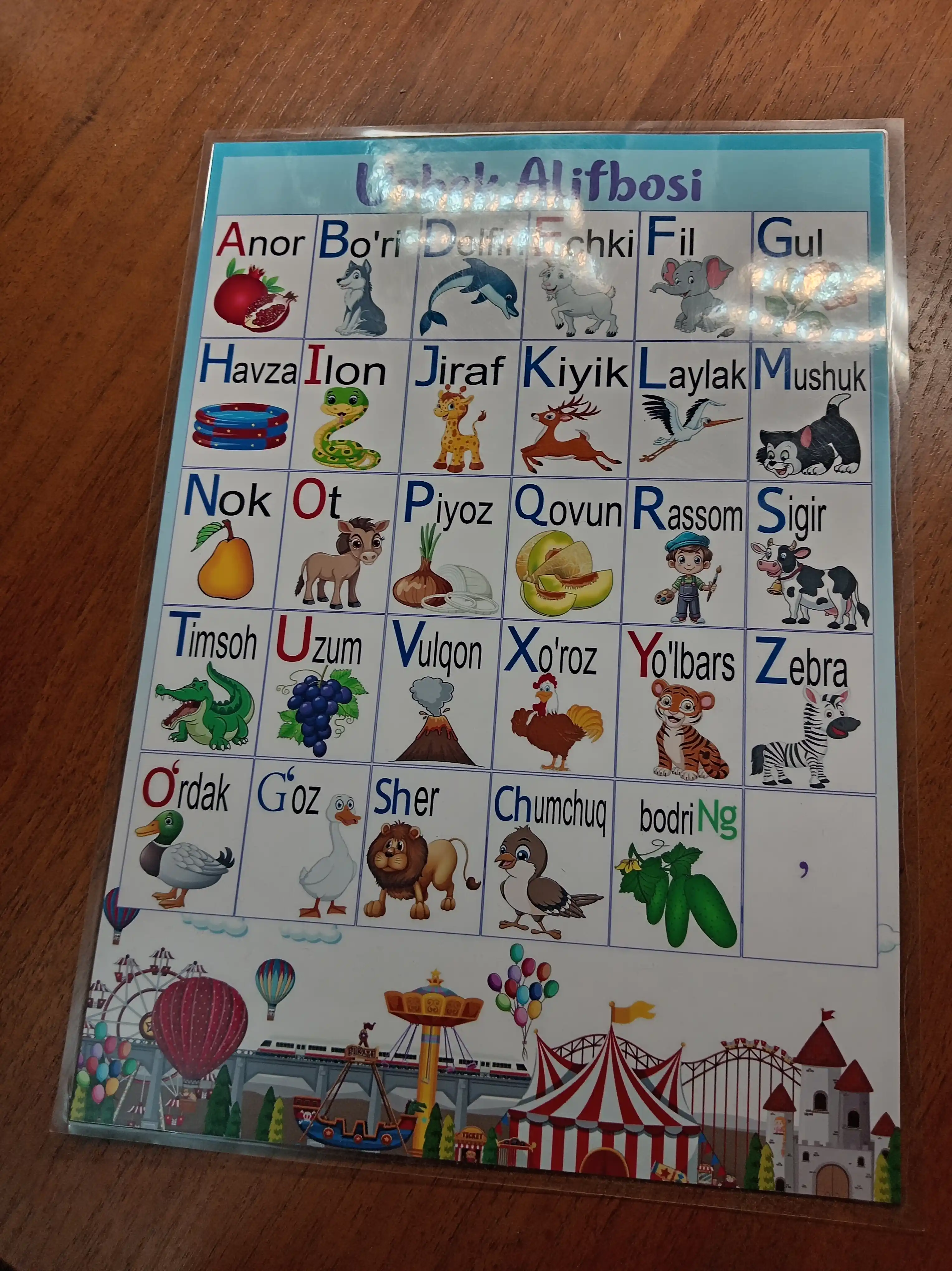 Bir varaqda 2 ta alifboning laminatsiyalangan plakati: o’zbek, rus, ingliz, arab