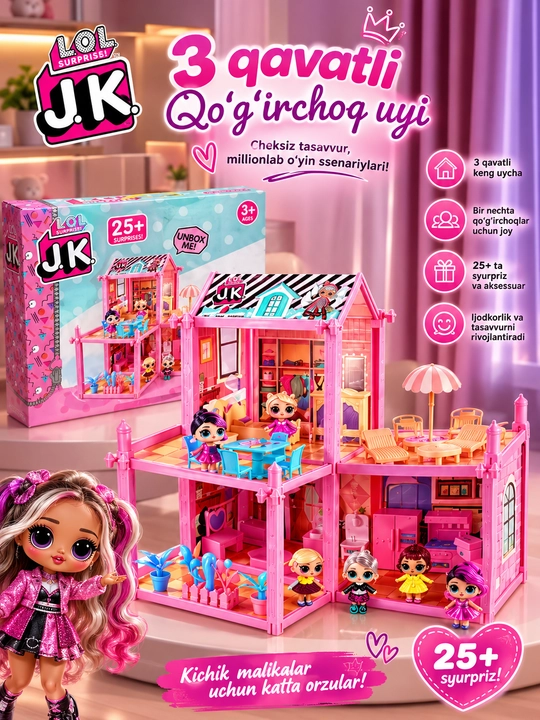 Сборный трехэтажный кукольный домик L.O.L. Surprise! из серии JK, Более 25 аксессуаров - 