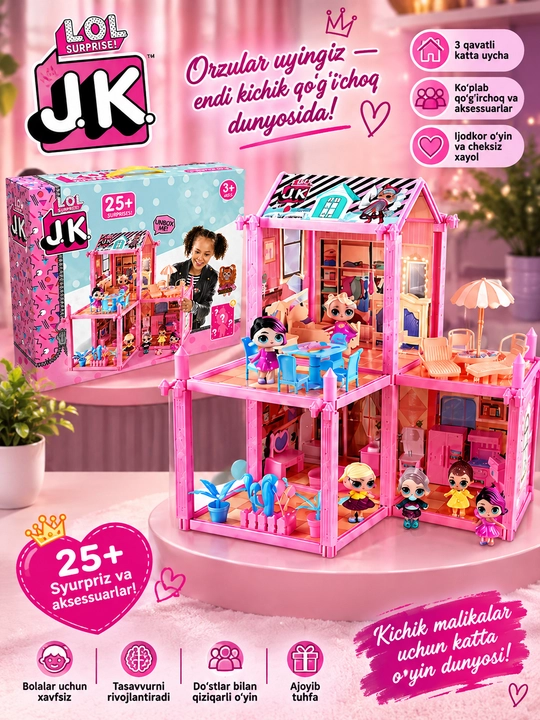 L.O.L. Surprise! JK seriyasidagi 3 qavatli yig'ma qo'g'irchoq uyi, 25+ aksessuar