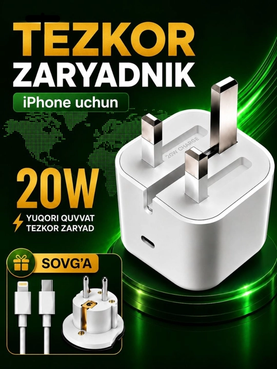 IPhone uchun zaryadchik, zaryadnik tez zaryadlovchi 20 Vt, Type-Cdan Lightning kabel bilan - 