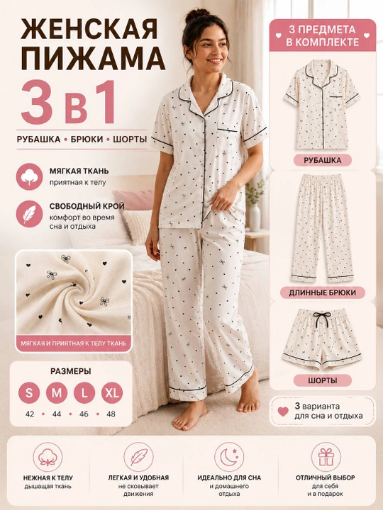 Ayollar uchun 3 talik paxtali pijama komplekti – ko'ylak, uzun shim va shortik