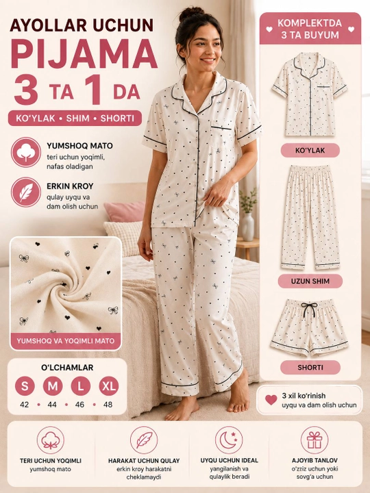 Ayollar uchun 3 talik paxtali pijama komplekti – ko'ylak, uzun shim va shortik