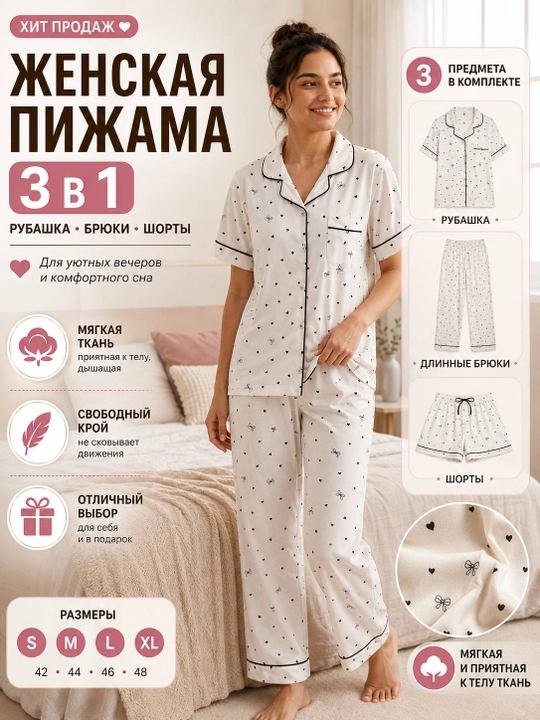 Женский хлопковый комплект пижамы, 3 в 1 – рубашка, брюки и шорты - 