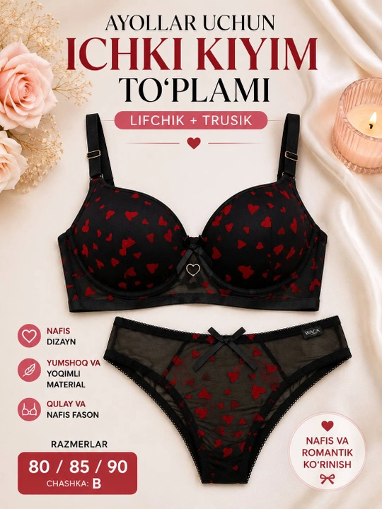 Ayollar uchun yurakchali ichki kiyim komplekti, B cup, push-up, 80/85/90