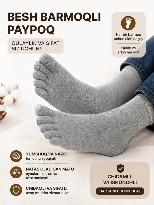 Erkaklar uchun besh barmoqli paypoqlar, nafas oluvchi va havo o'tkazuvchi naskilar - 