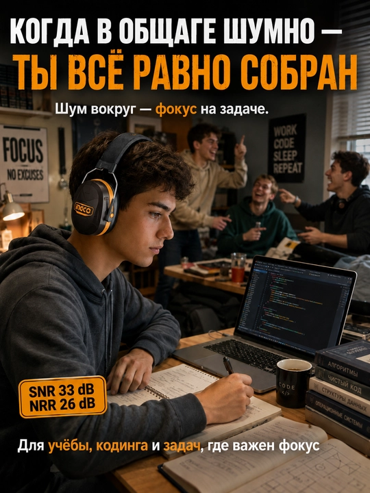INGCO himoya quloqchini, shovqindan himoya, SNR 33dB, qurilish, usta va uy uchun