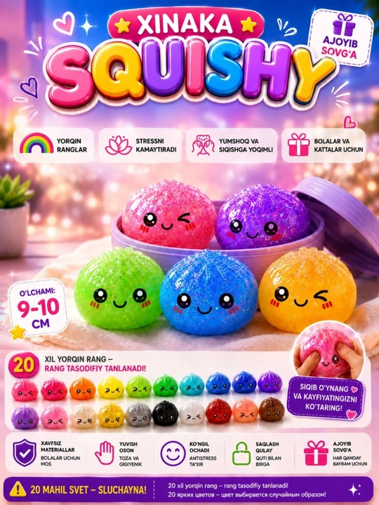 Slay Manti Squishy – 20 xil tasodifiy rangdagi yumshoq antistress o‘yinchoq, bolalar uchun - 