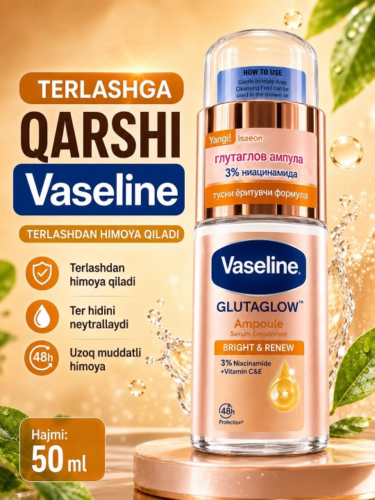 Vaseline GlutaGlow Ampoule Bright & Dry qo'ltiq osti serum-deodoranti, 50 ml